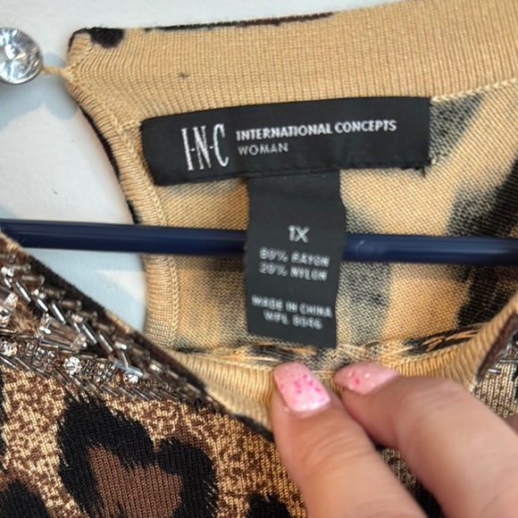INC International Concepts Leopard Print Blouse with Embellished Neckline - Picture 2 of 7